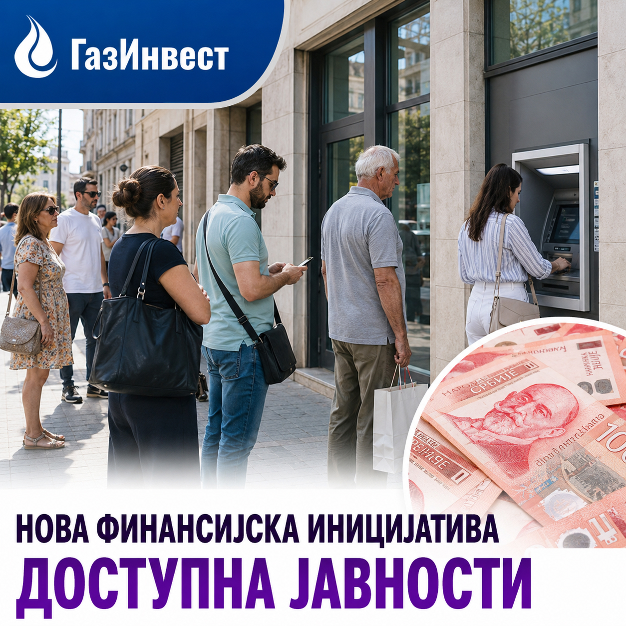 Грађани у реду испред банкомата на прометној београдској улици у дневном светлу